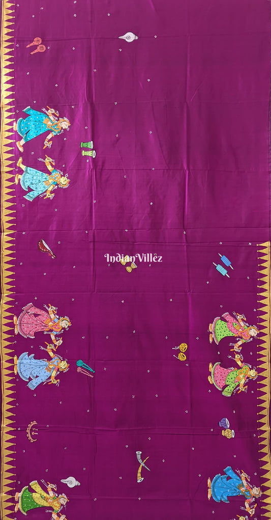 Purple Nartaki Theme Hand-painted Pattachitra Saree