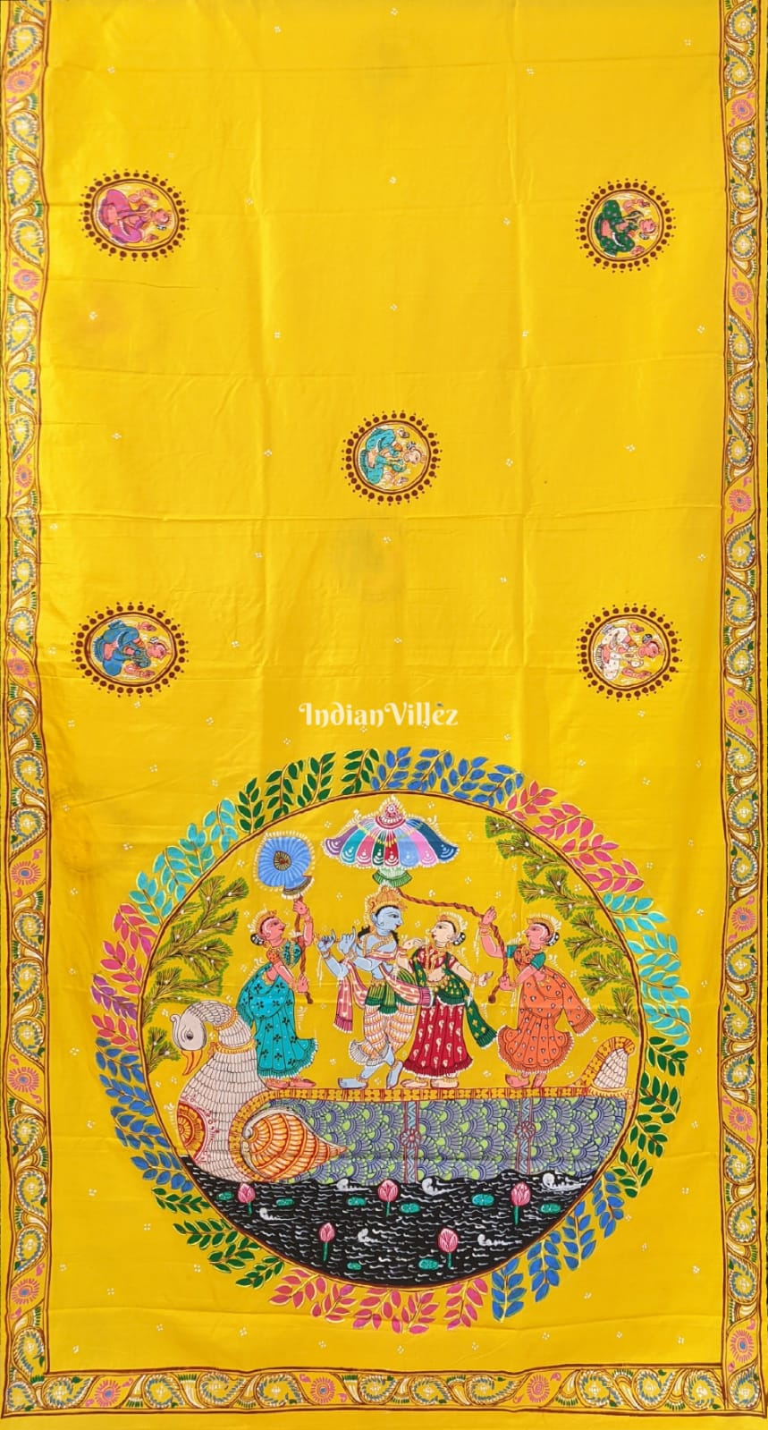 Yellow Krishna Rasa Leela Pattachitra Silk Saree