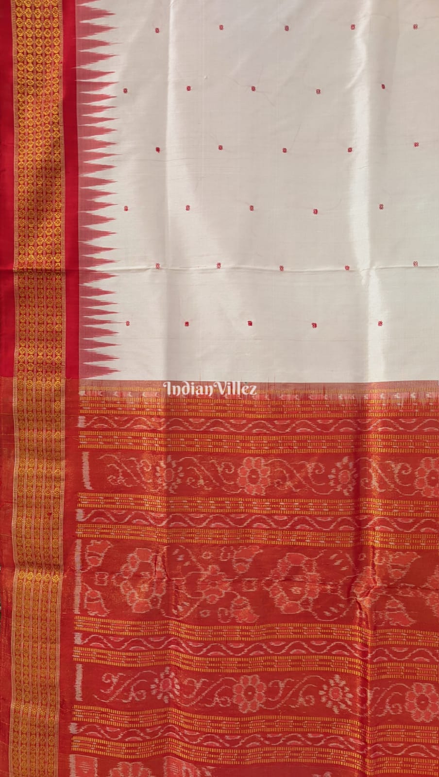 White Red Bomkai Sambalpuri Ikat Silk Saree