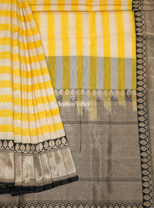 Yellow Stripes Pattern Designer Banarasi Tissue Saree