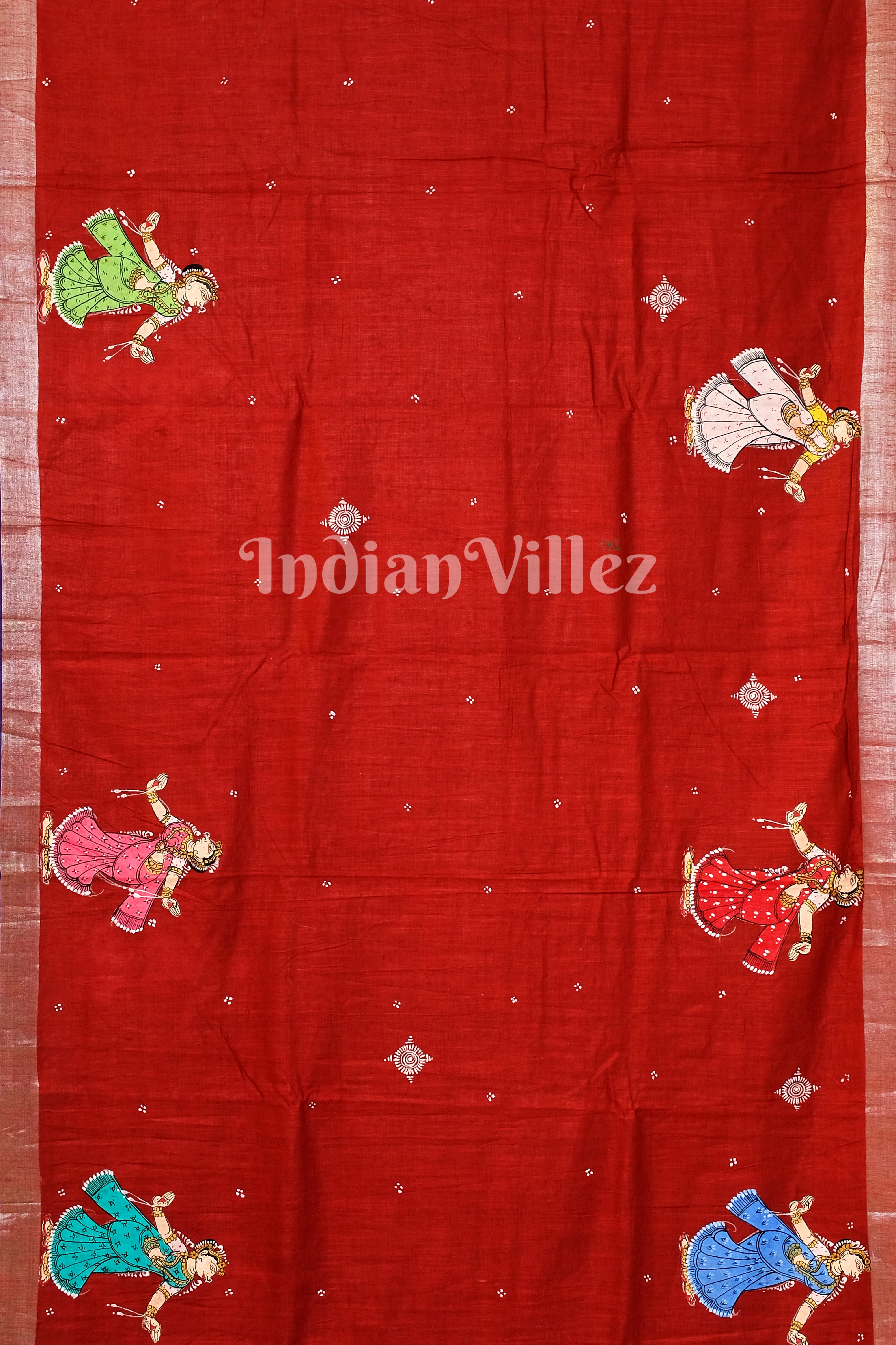 Red Nartaki Theme Pattachitra Saree with Zari Border