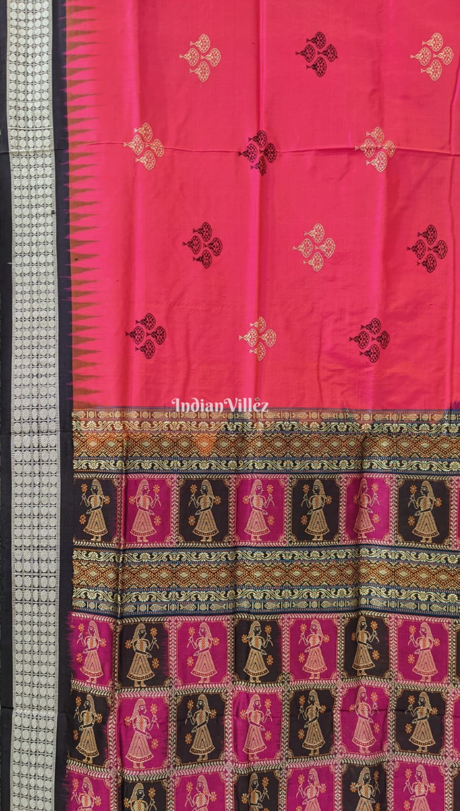 Red Sambalpuri Silk Saree with Mushroom Motif & Nartaki Anchal