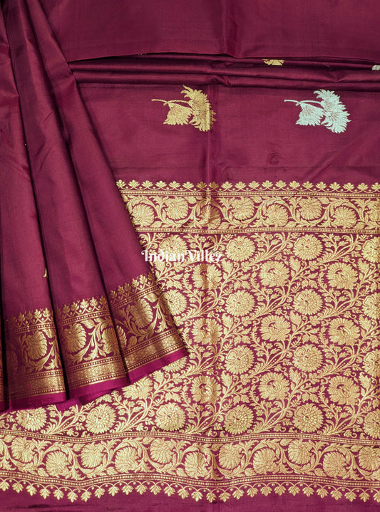 Wine Floral Designer Katan Silk Banarasi Saree