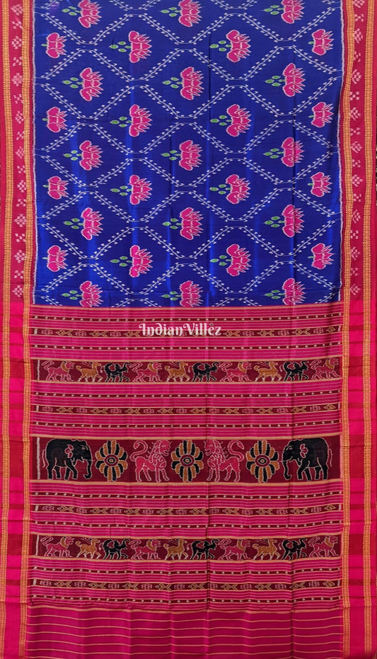 Blue Pasapali Border Lotus Design Khandua Silk Saree