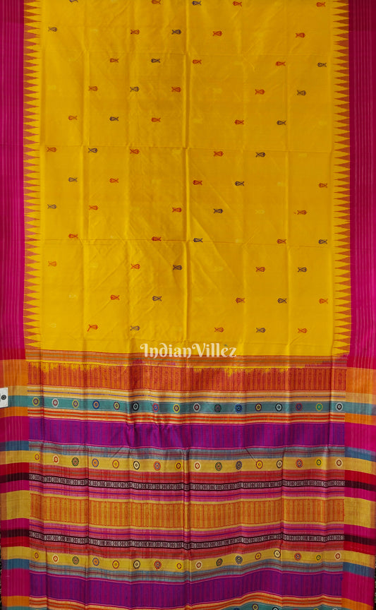 Yellow Fish Motif  Berhampuri Silk Patta Saree with Double Pallu