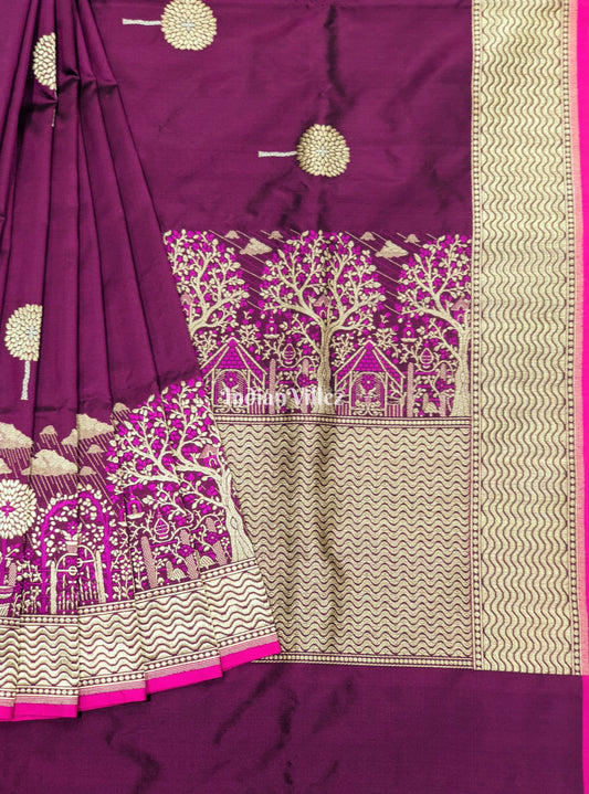 Tyrian Purple Threadwork Banarasi Katan Silk Saree