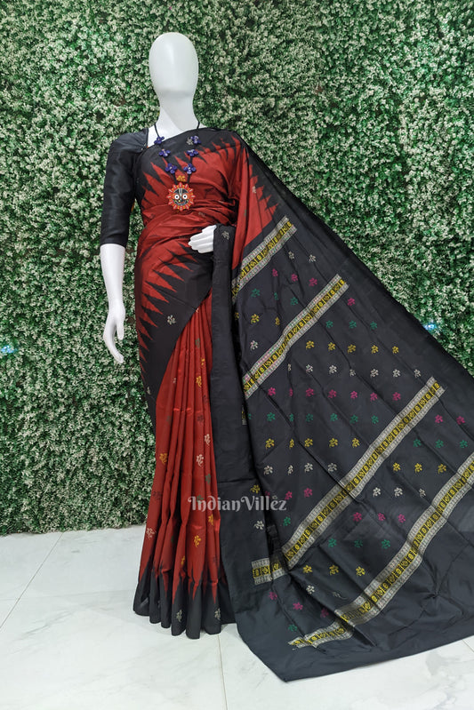 Black Red Floral Design Bomkai Silk Saree