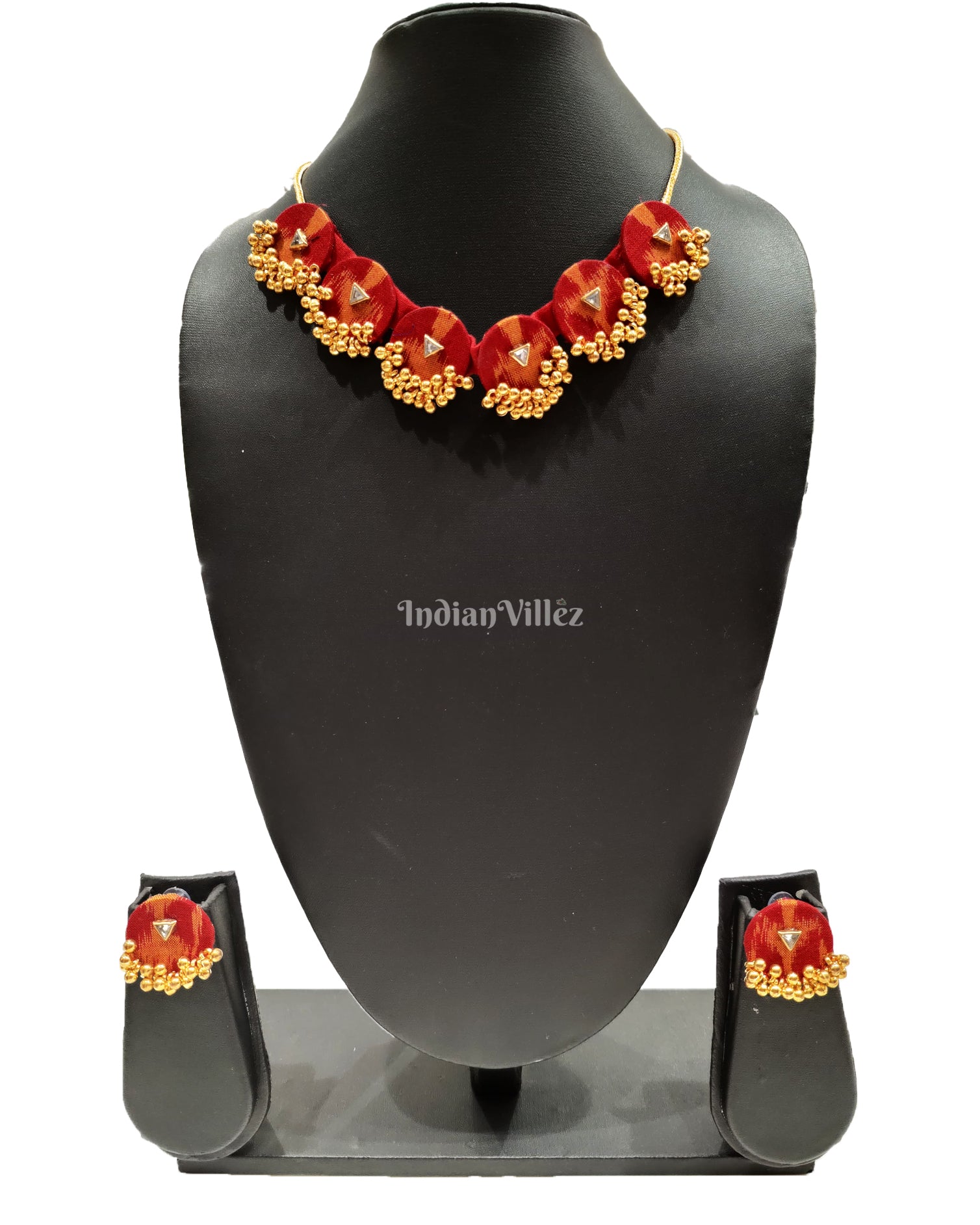 Red Mustard Coin Shape Golden Beads Sambalpuri Fabric Choker Jewellery - Necklace & Earrings Set