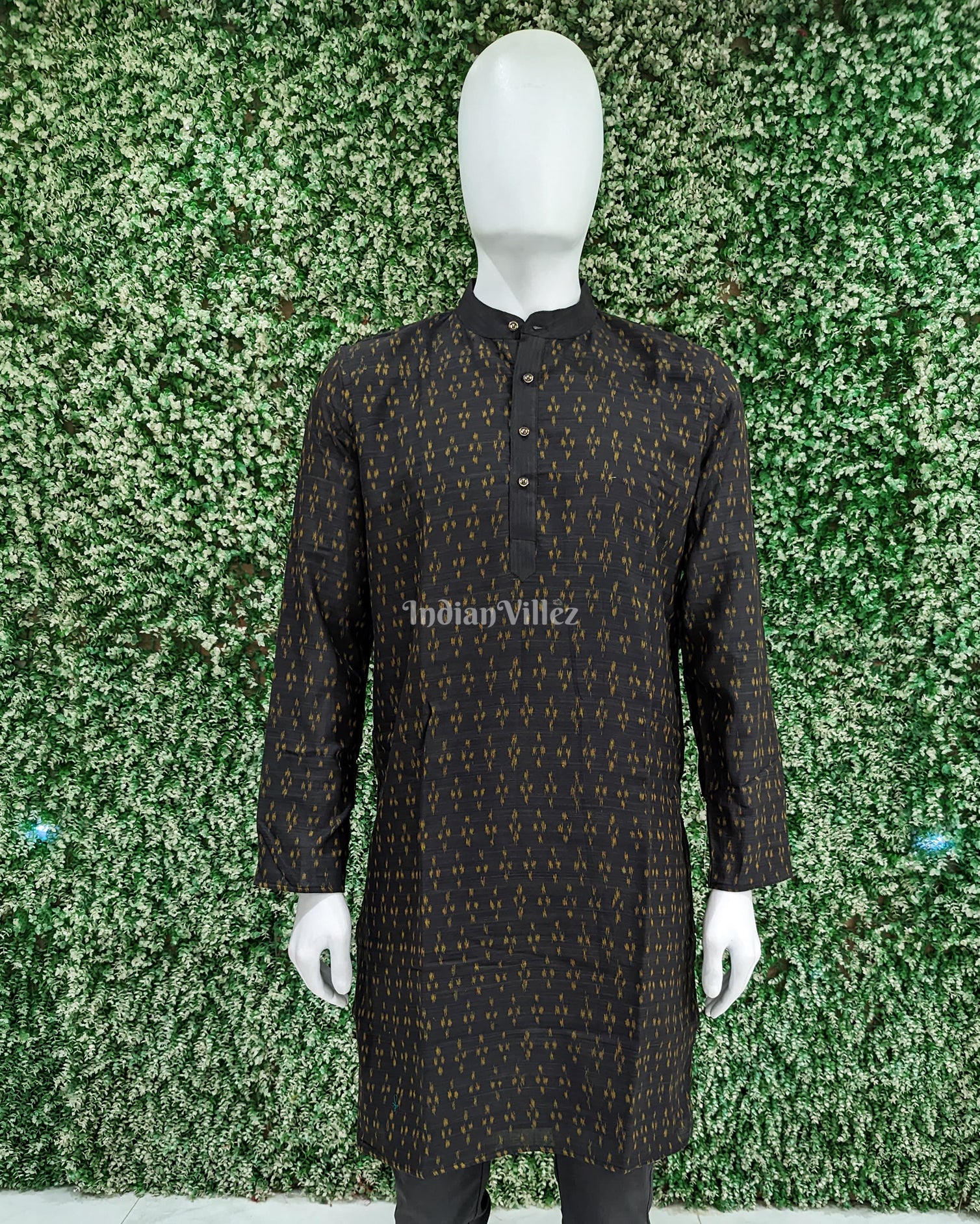 Black Pasapali Sambalpuri Ikat Cotton Long Kurta For Men