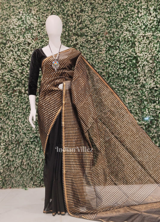 Black Maheshwari Pure Silk Cotton Maheswari Saree