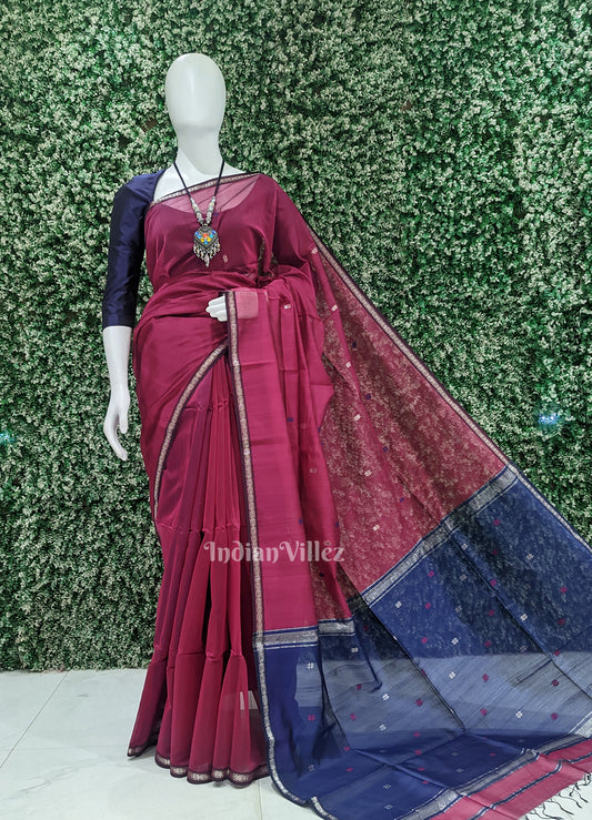 Purple Wine with Blue Maheshwari Handloom Cotton*Silk Saree