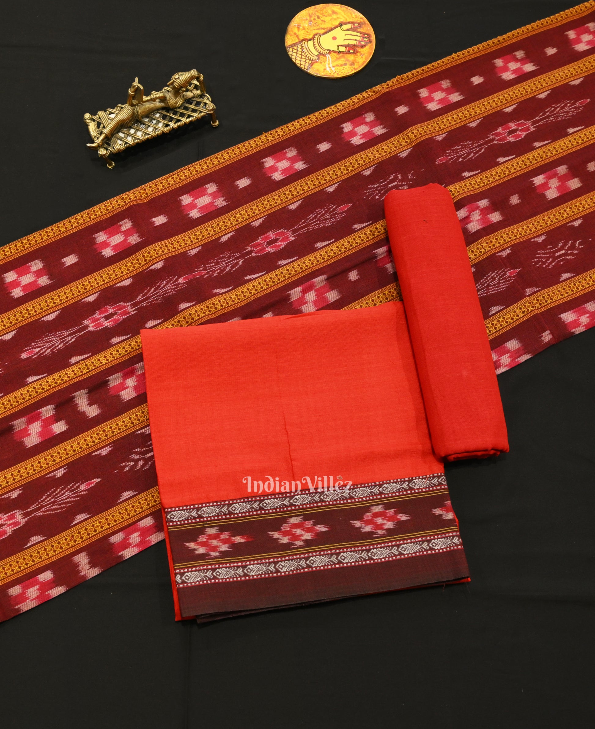 Maroon Maniabandha Sambalpuri Cotton Dress set & Dupatta 