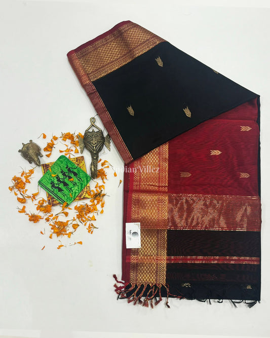 Black Arrow Butta Design Maheshwari Handloom Cotton*Silk Saree