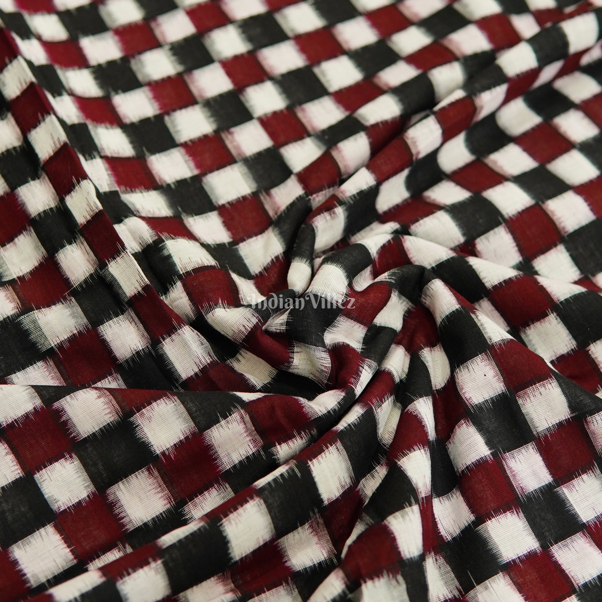 Black With Maroon & White Pasapalli Sambalpuri Ikat Cotton Fabric