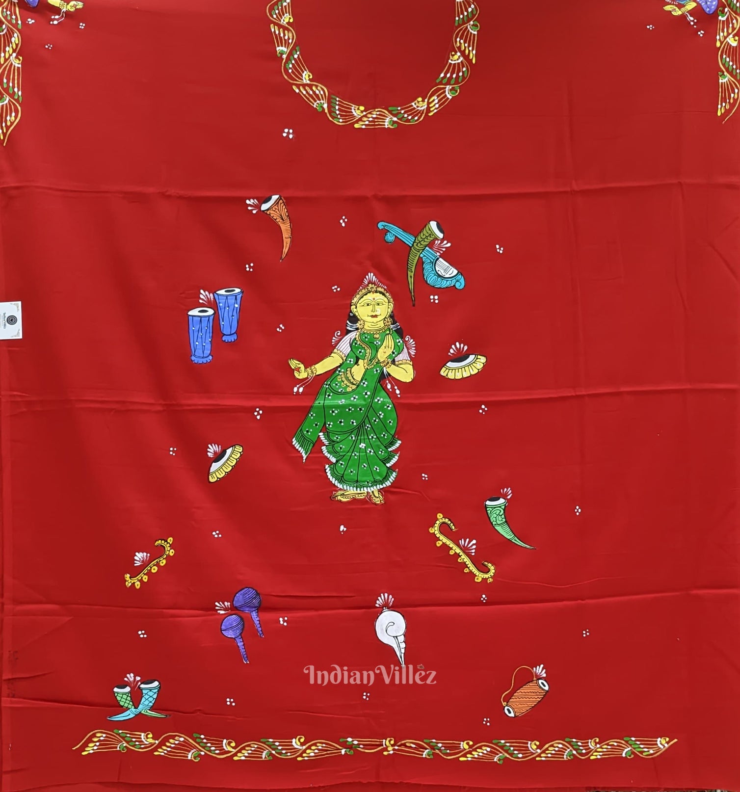 Red Nartaki Musical Theme Pattachitra Kurti Cotton Dress Material