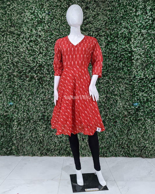 Red Flower Motif Odisha Ikat Designer Cotton Frock