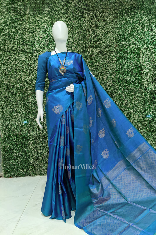 Blue Green Pure Kanjivaram Soft Silk Saree