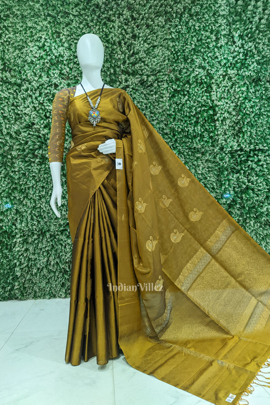 Golden Brown Pure Kanjivaram Soft Silk Saree