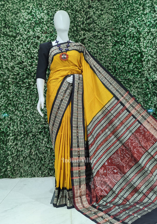 Mustard Yellow Black Checks Sachipar  Khandua Silk Saree