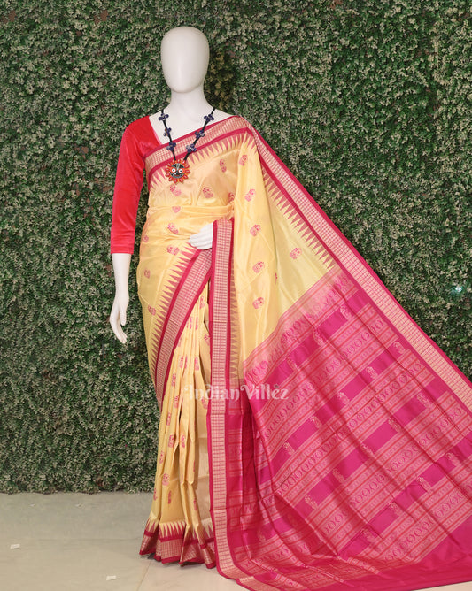 Cream Rani Pink Boita Design Bomkai Sambalpuri Silk Saree