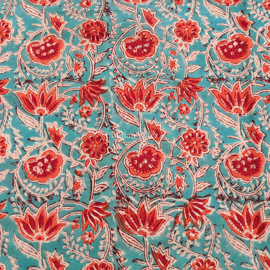 Blue Multicolored Floral Hand Block Printed Cotton Fabric