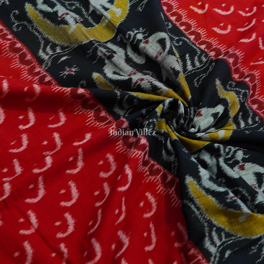 Black Red Half Moon Tribal Theme Sambalpuri Ikat Cotton Fabric