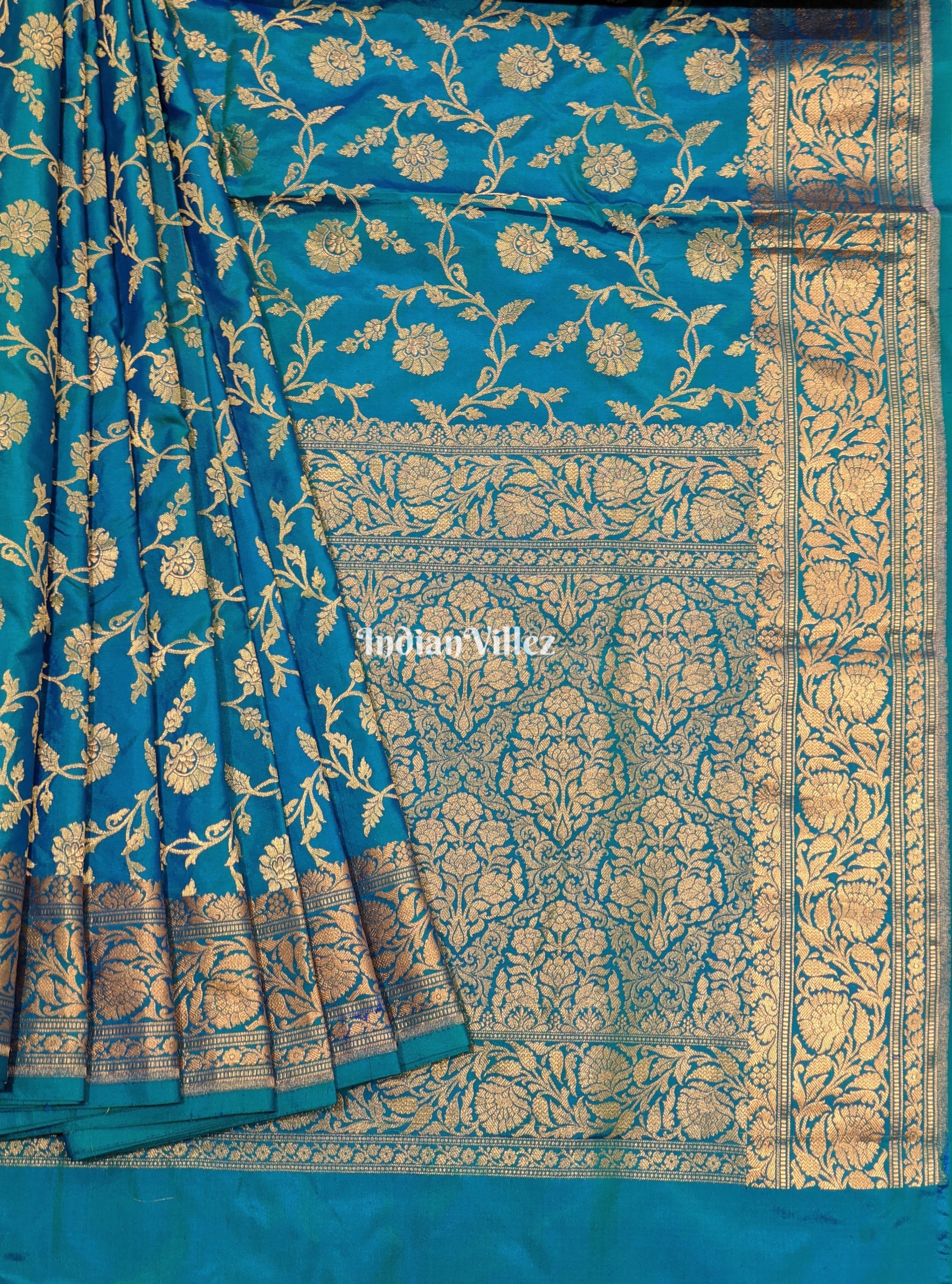 Sky Blue Floral Banarasi Katan Silk Saree