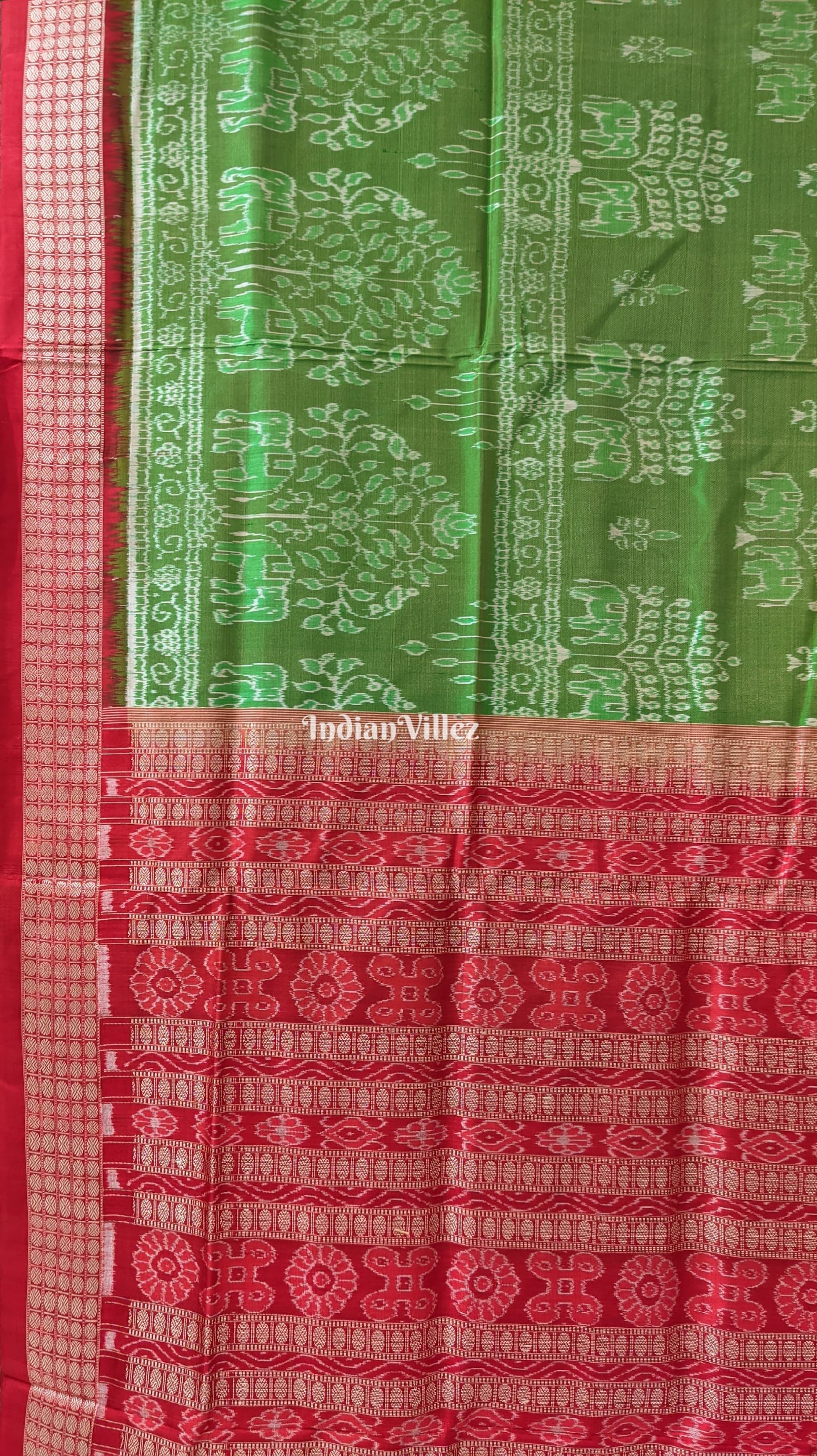 Parrot Green Red Dual Tone Elephant Pure Sambalpuri Bomkai Silk Saree