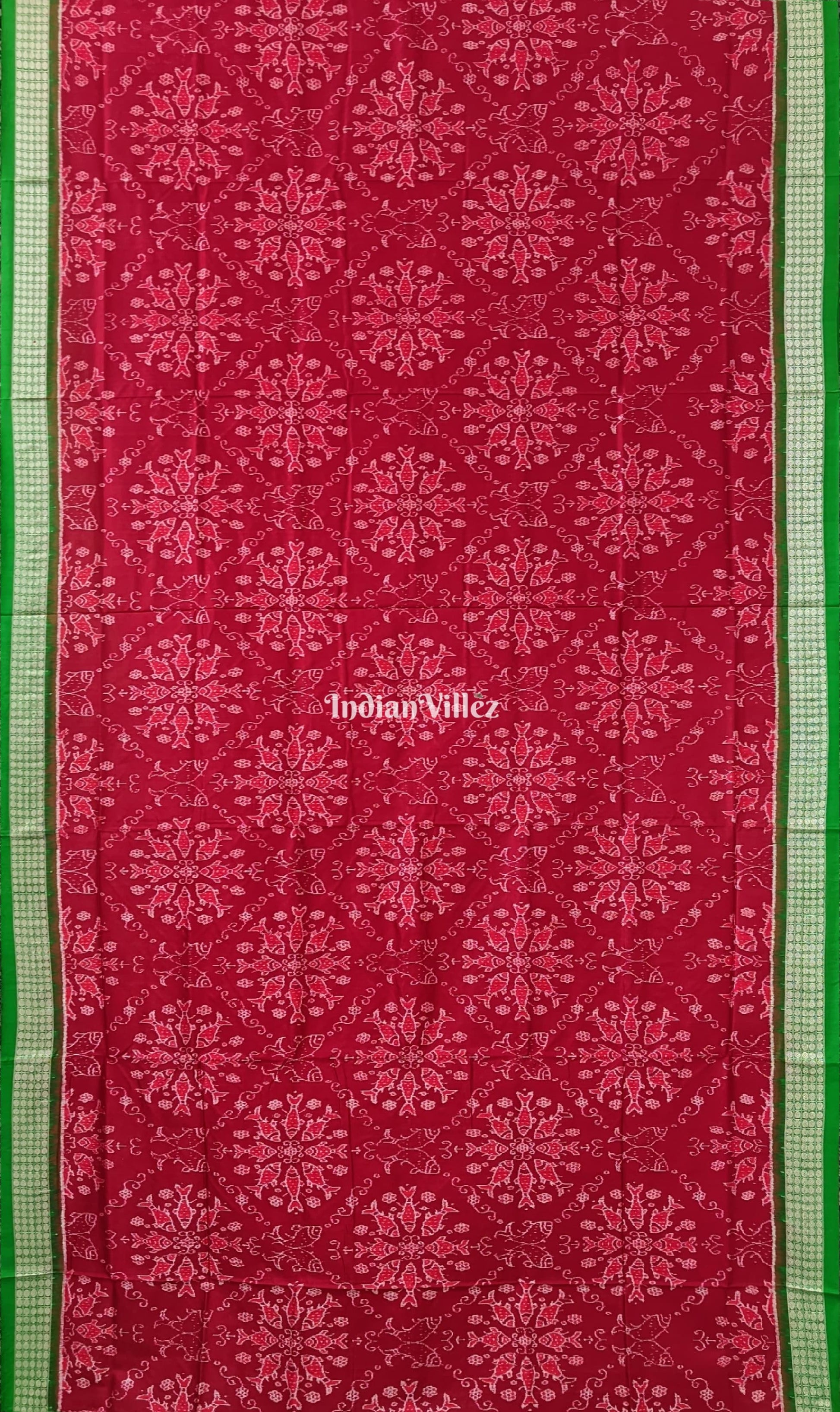 Maroon Green Fish Motif Sambalpuri Bomkai Silk Saree