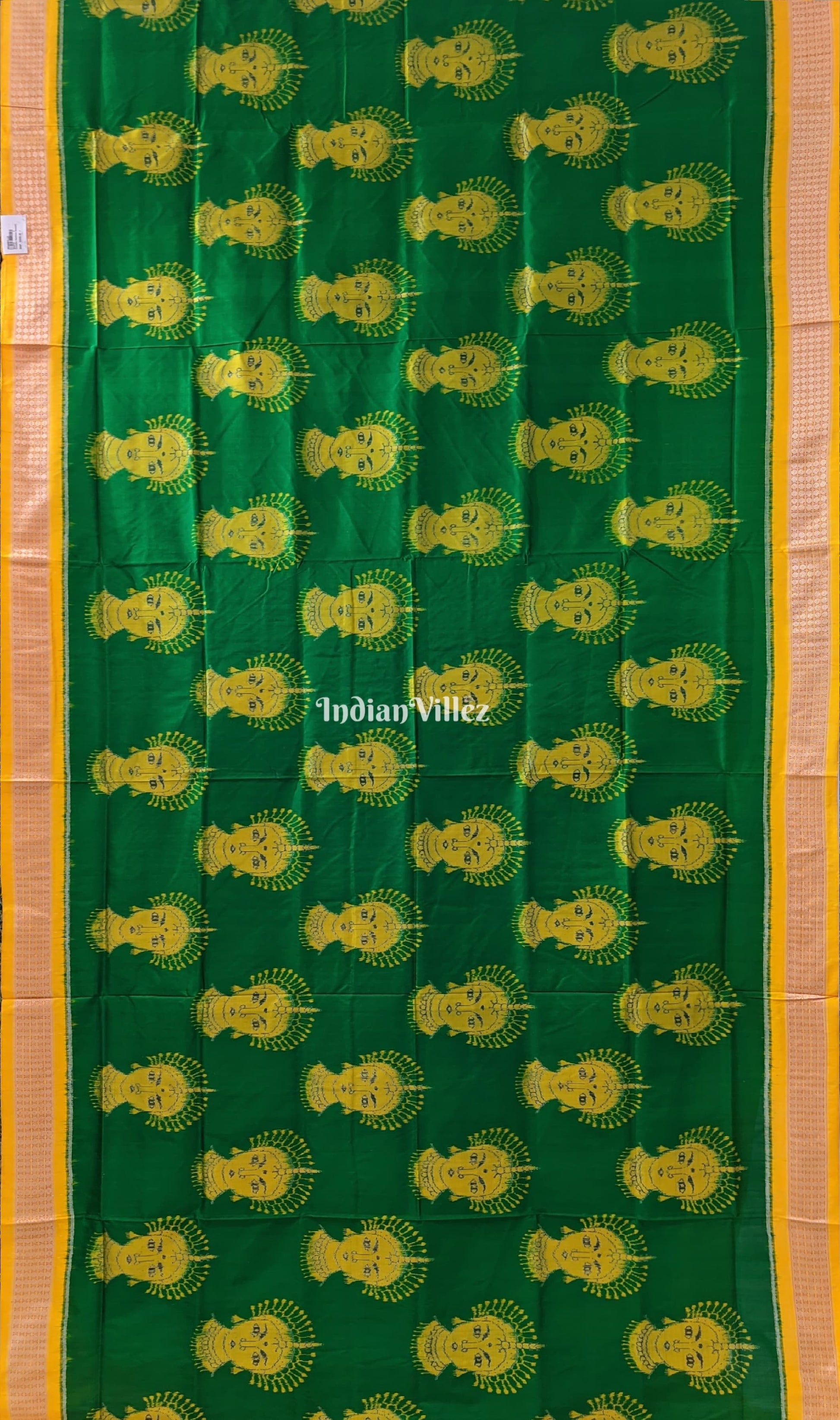 Green Yellow Nartaki Face Head Sambalpuri Ikat Silk Saree