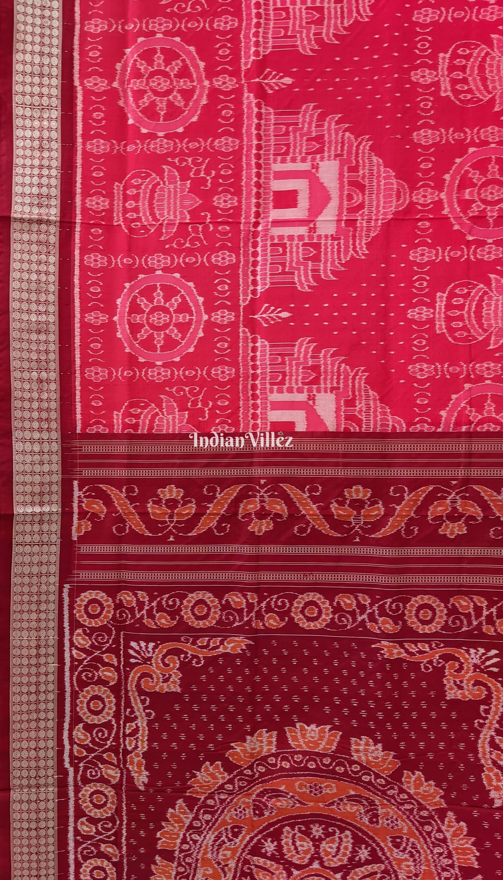 Reddish Orange Konark Theme Sambalpuri Ikat Silk Saree