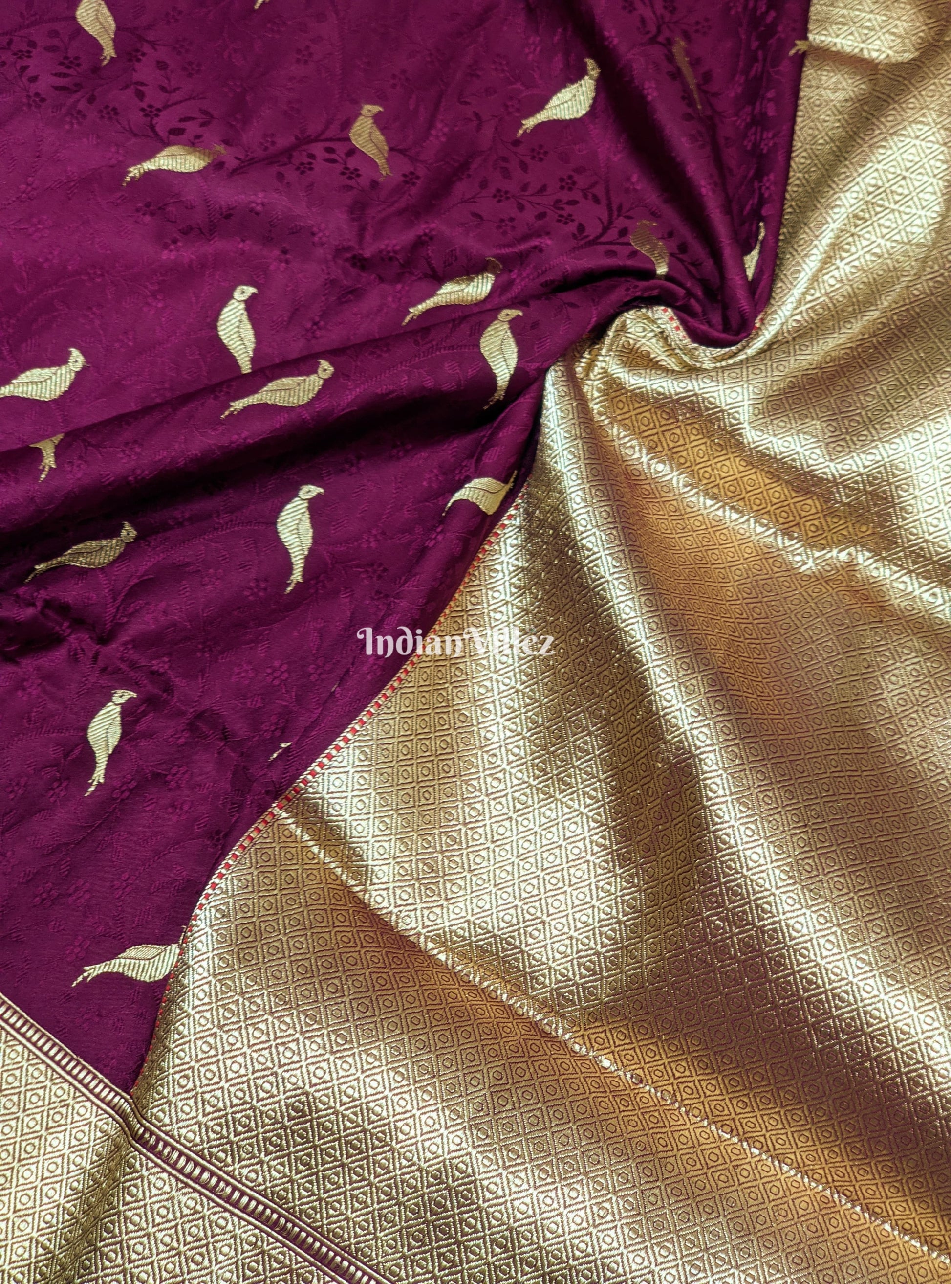 Wine Parrot Motif Pure Banarasi Katan Silk Saree