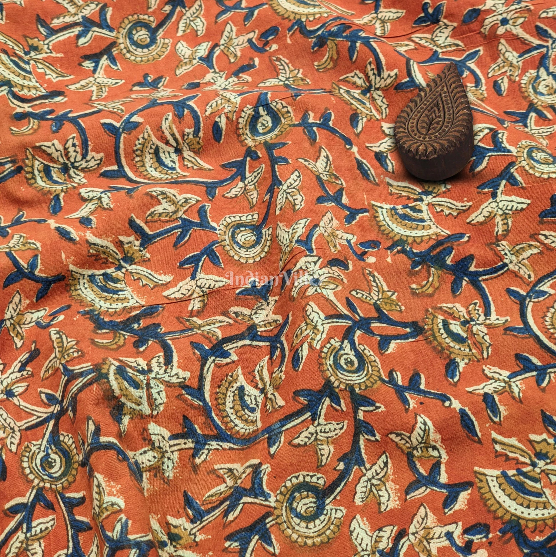 Brick Red Floral Hand Block Printed Cotton Fabric