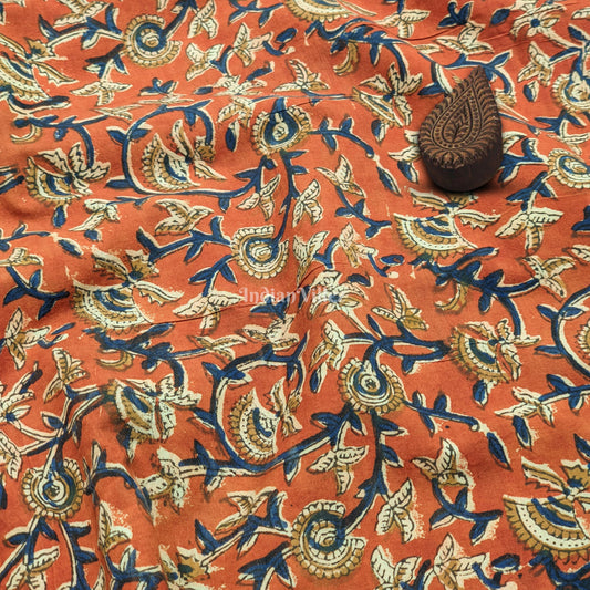 Brick Red Floral Hand Block Printed Cotton Fabric