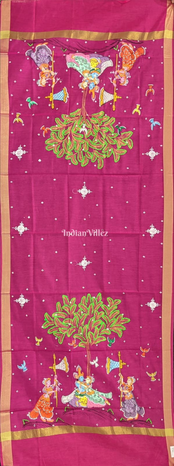 Rani Pink Color Radha Krishna Pattachitra Art on Chanderi Dupatta