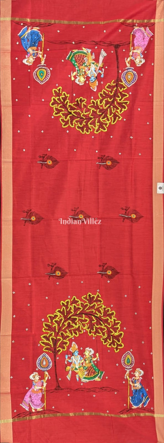 Red Radha Krishna Pattachitra Art on Chanderi Dupatta