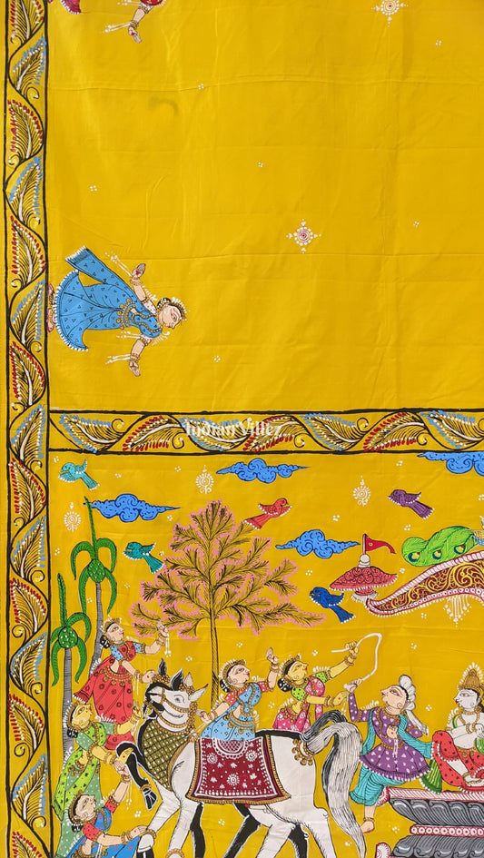 Yellow Mathura Vijay Pattachitra on Mulberry Silk Saree