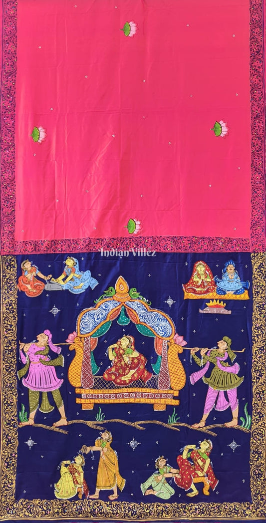 Pink Blue Doli Barat Theme Pattachitra Mulberry Silk Saree