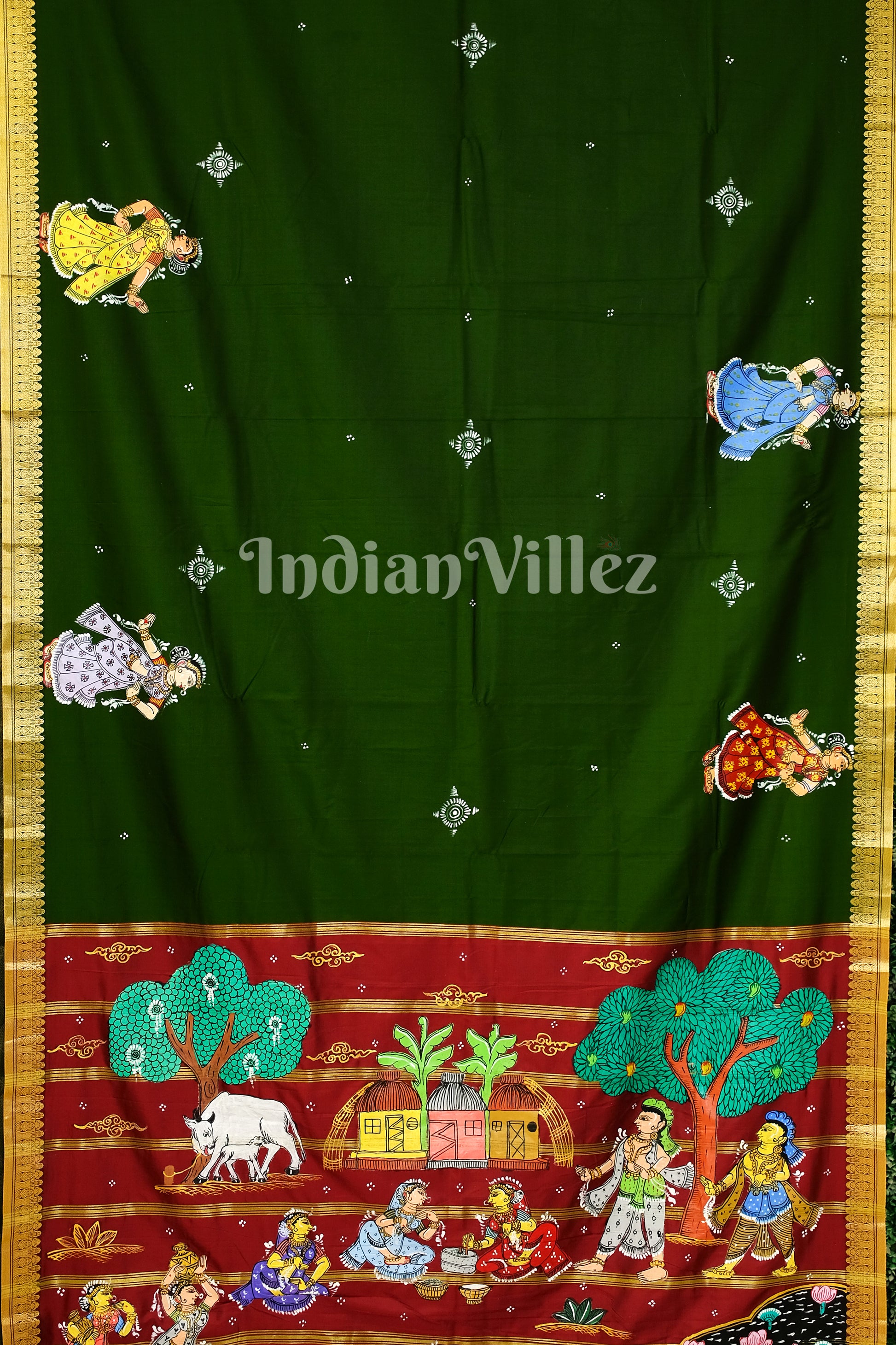 Hunter Green Village Theme Pattachitra Art on Kerala Silk Saree