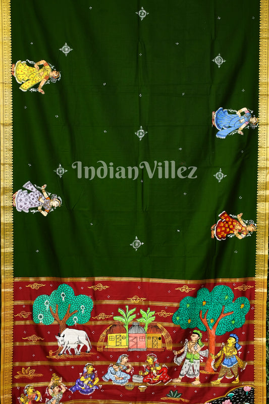 Hunter Green Village Theme Pattachitra Art on Kerala Silk Saree