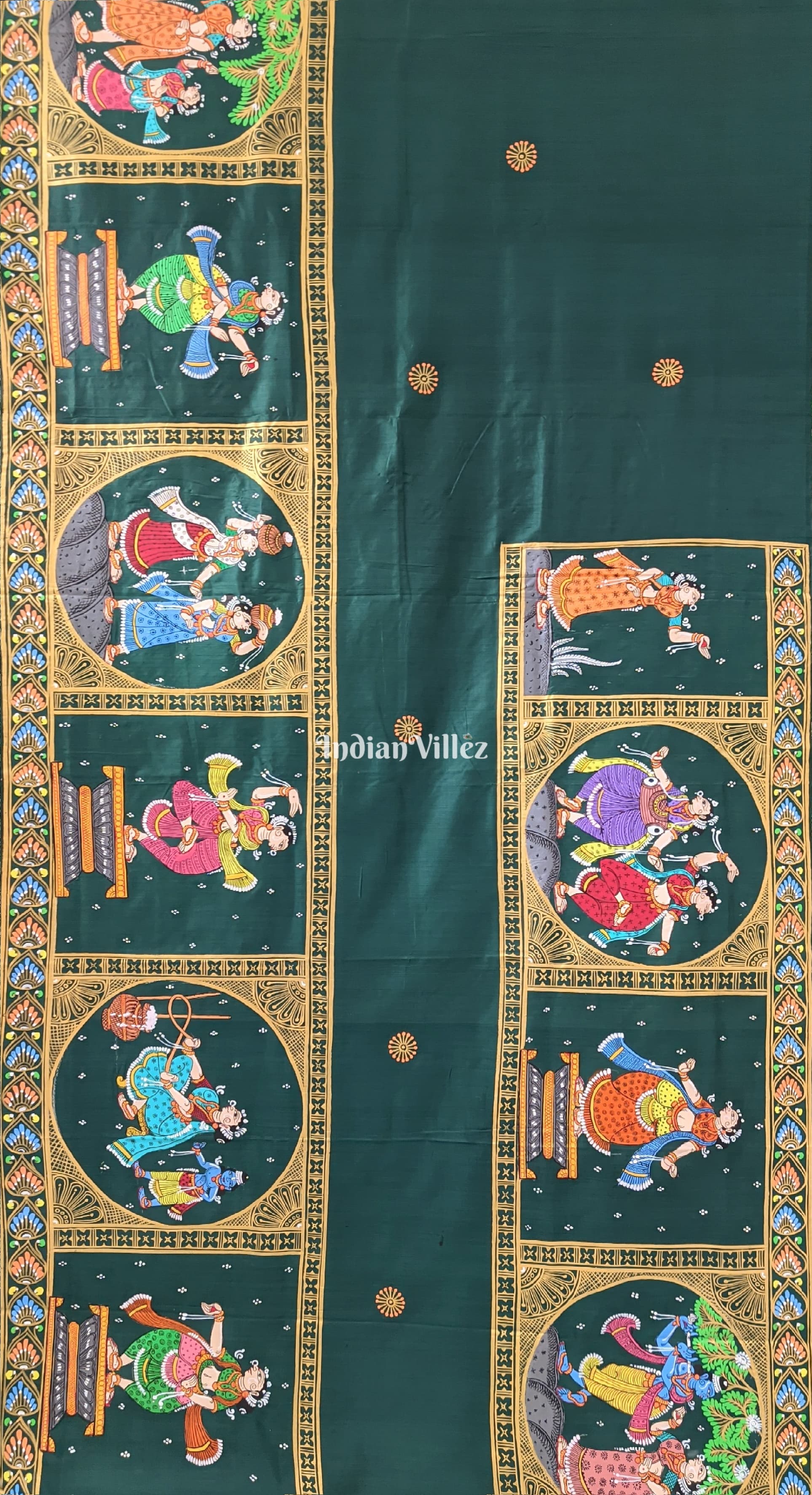 Bottle Green Boita Krishna Leela Pattachitra Silk Saree