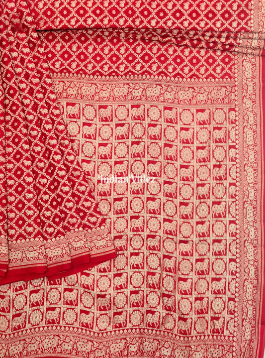 Red Color Bull Motif Banarasi Georgette Shikargah Saree