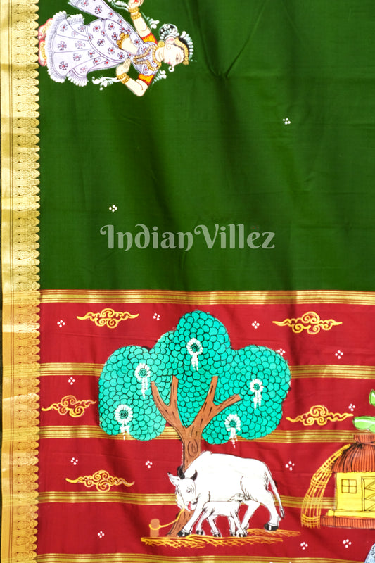 Hunter Green Village Theme Pattachitra Art on Kerala Silk Saree