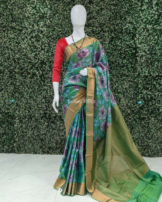 Green Floral Digital Print Kanjivaram Silk Saree 