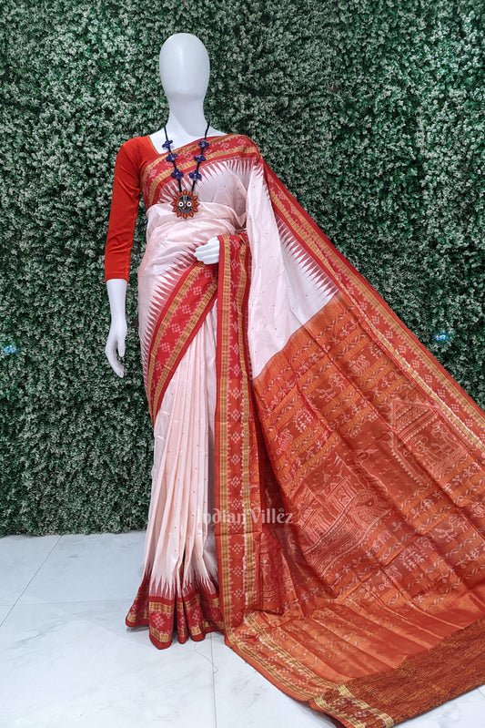 Pinkish White Border Pasapali Sambalpuri Silk Saree with Tissue Anchal