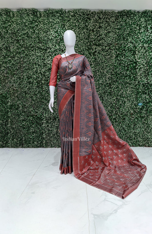 Ash Red Floral Theme Odisha Ikat Contemporary Silk Saree