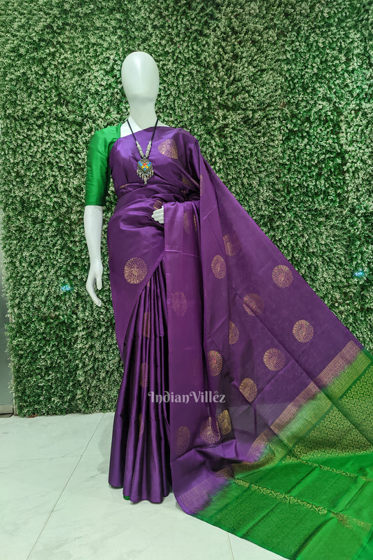 Deep Purple With Green Pure Kanjivaram Soft Silk Saree