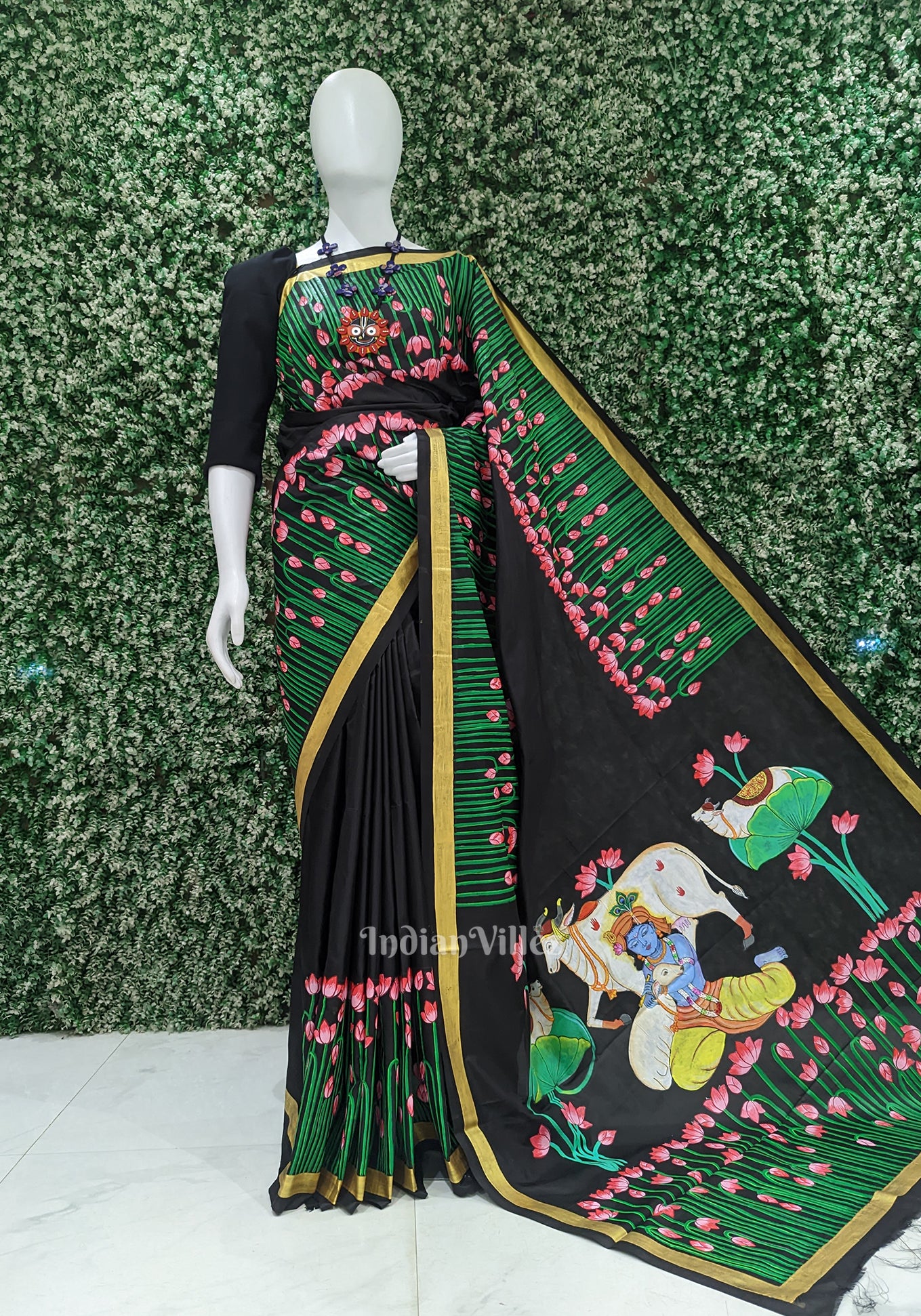 Black Hand-Painted Pichwai Pattachitra Saree