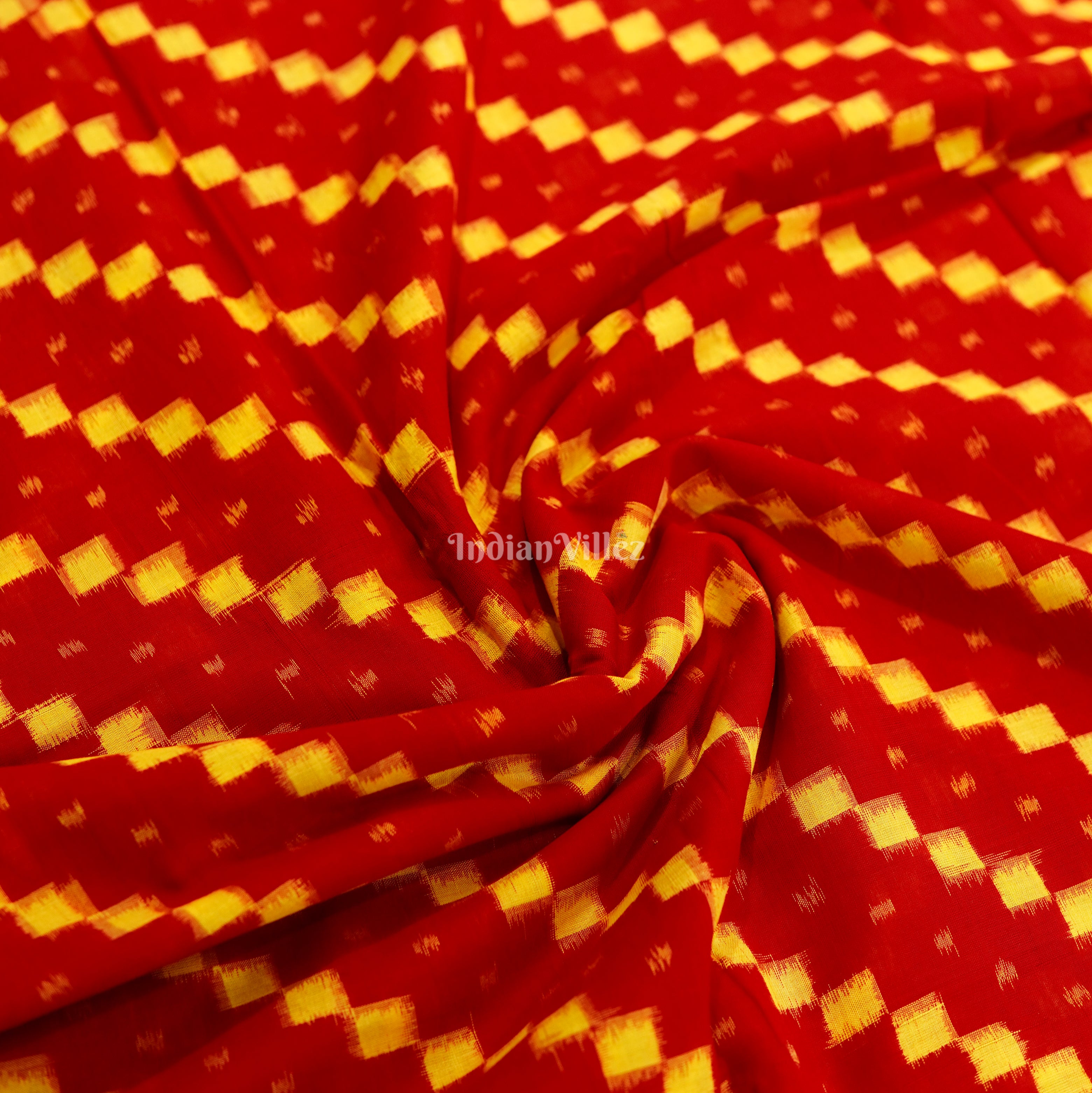 Red With Yellow Squre Design Sambalpuri Ikat  Cotton Fabric