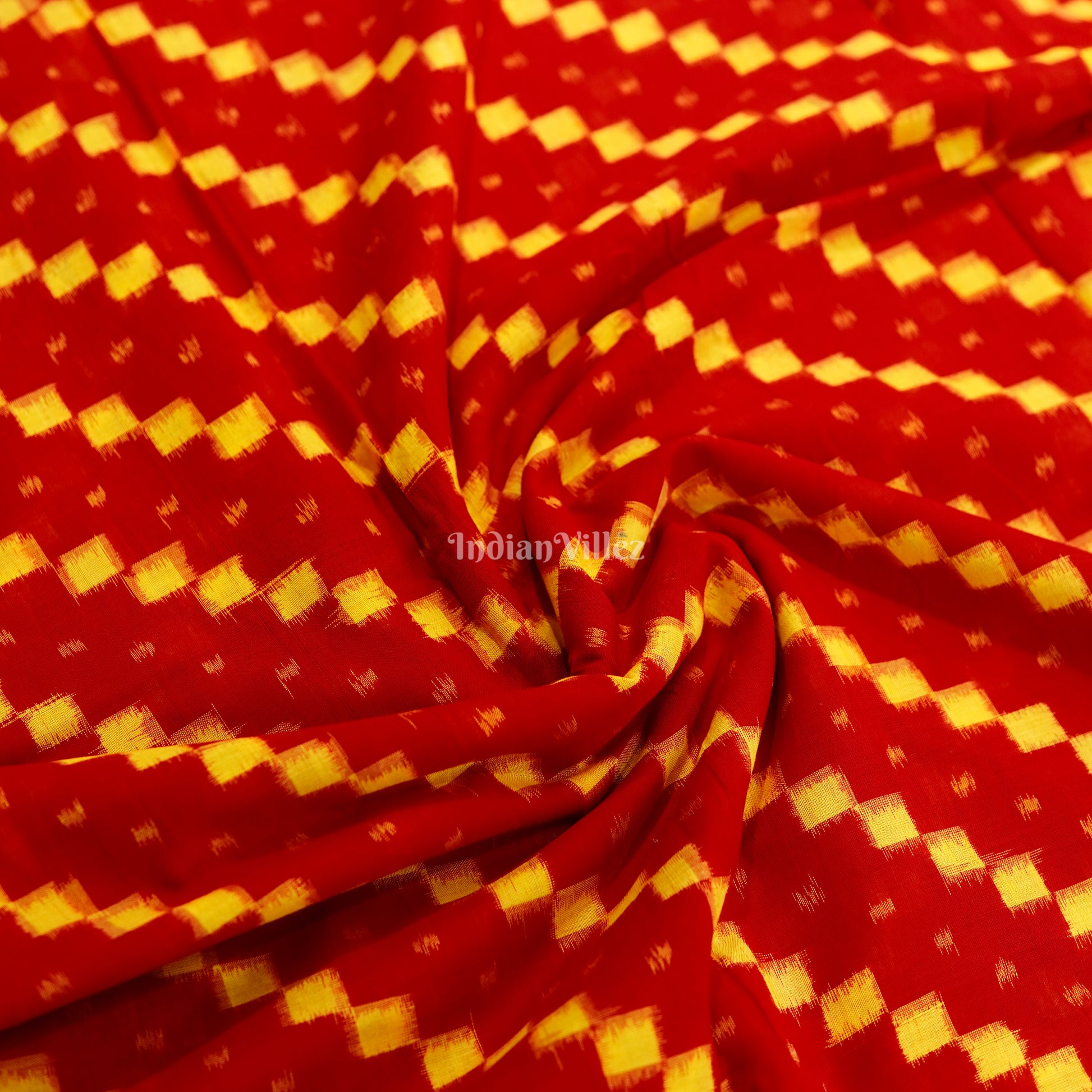 Red With Yellow Squre Design Sambalpuri Ikat  Cotton Fabric